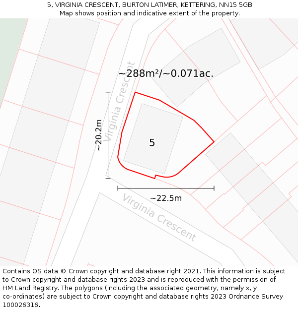 5, VIRGINIA CRESCENT, BURTON LATIMER, KETTERING, NN15 5GB: Plot and title map