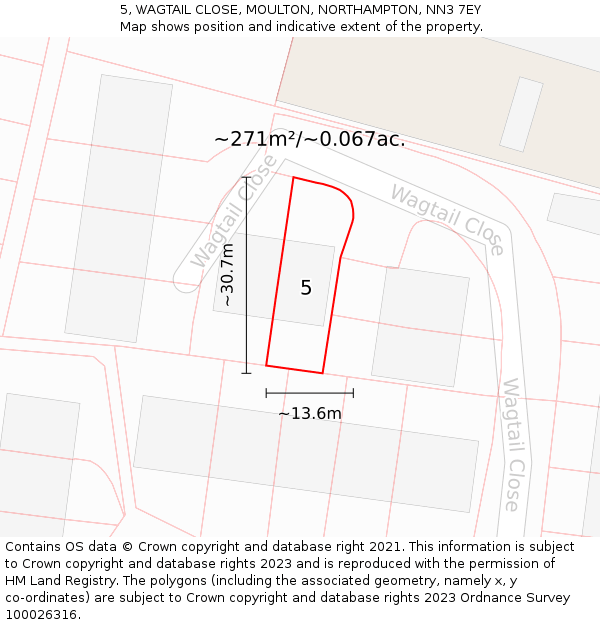 5, WAGTAIL CLOSE, MOULTON, NORTHAMPTON, NN3 7EY: Plot and title map