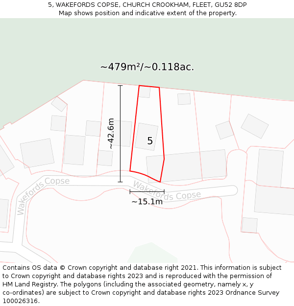5, WAKEFORDS COPSE, CHURCH CROOKHAM, FLEET, GU52 8DP: Plot and title map
