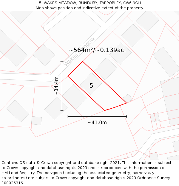 5, WAKES MEADOW, BUNBURY, TARPORLEY, CW6 9SH: Plot and title map