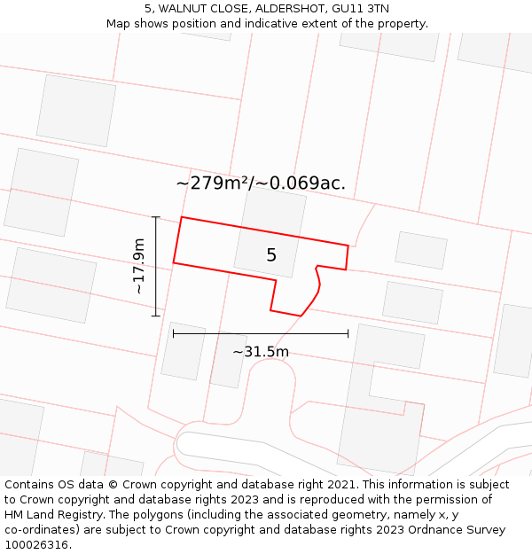 5, WALNUT CLOSE, ALDERSHOT, GU11 3TN: Plot and title map
