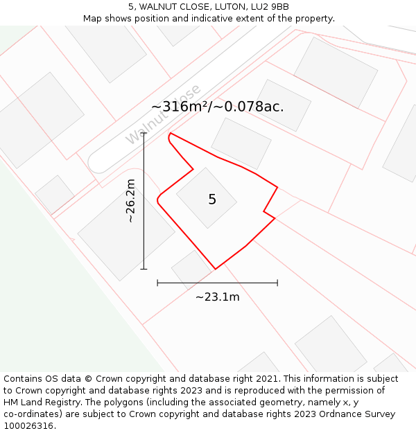 5, WALNUT CLOSE, LUTON, LU2 9BB: Plot and title map