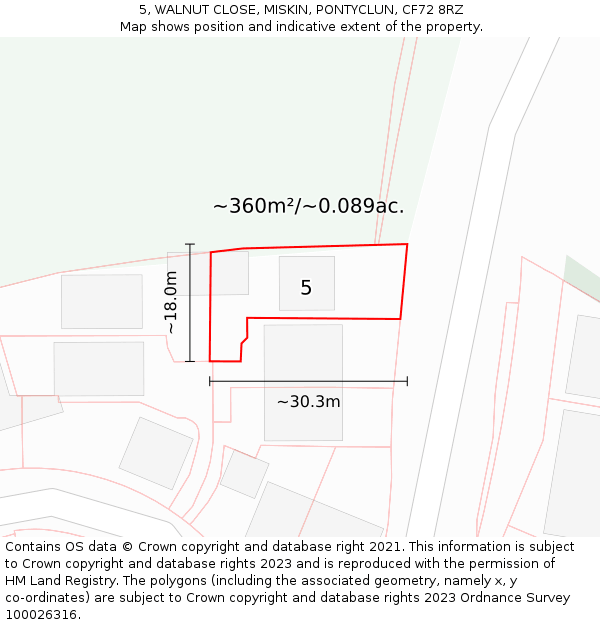 5, WALNUT CLOSE, MISKIN, PONTYCLUN, CF72 8RZ: Plot and title map