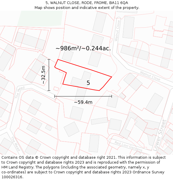5, WALNUT CLOSE, RODE, FROME, BA11 6QA: Plot and title map