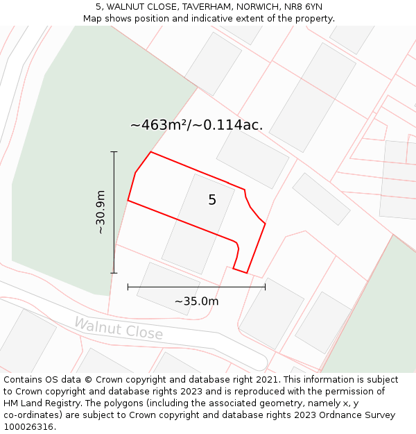 5, WALNUT CLOSE, TAVERHAM, NORWICH, NR8 6YN: Plot and title map