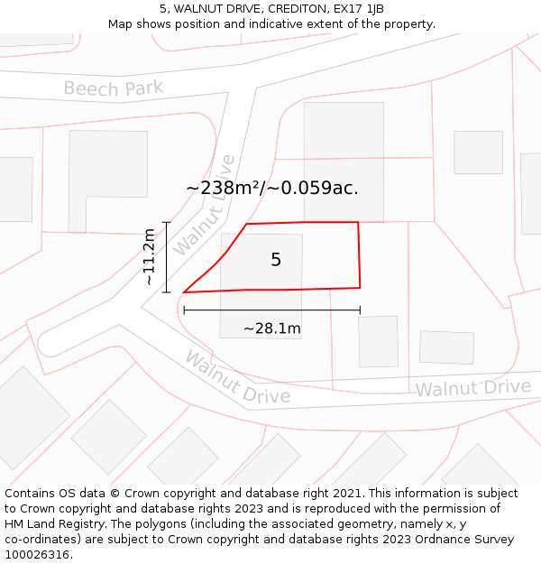 5, WALNUT DRIVE, CREDITON, EX17 1JB: Plot and title map