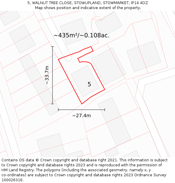 5, WALNUT TREE CLOSE, STOWUPLAND, STOWMARKET, IP14 4DZ: Plot and title map