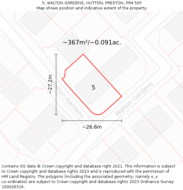 5, WALTON GARDENS, HUTTON, PRESTON, PR4 5SF: Plot and title map