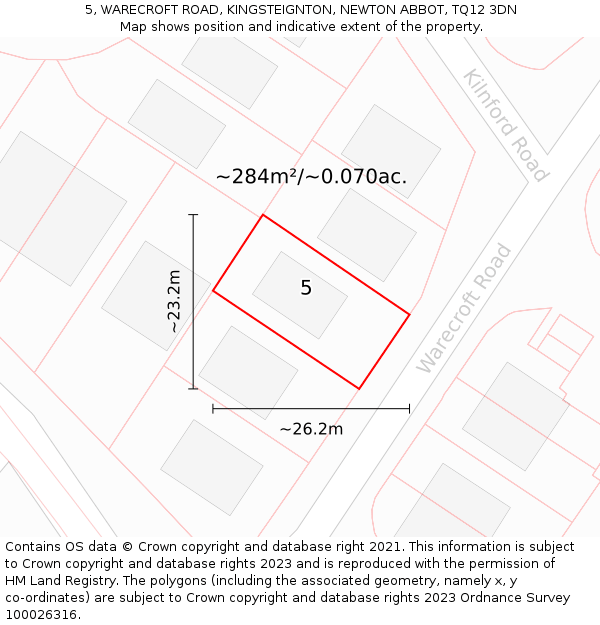 5, WARECROFT ROAD, KINGSTEIGNTON, NEWTON ABBOT, TQ12 3DN: Plot and title map
