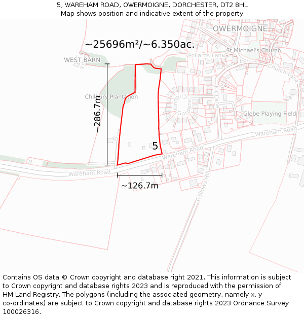 5, WAREHAM ROAD, OWERMOIGNE, DORCHESTER, DT2 8HL: Plot and title map
