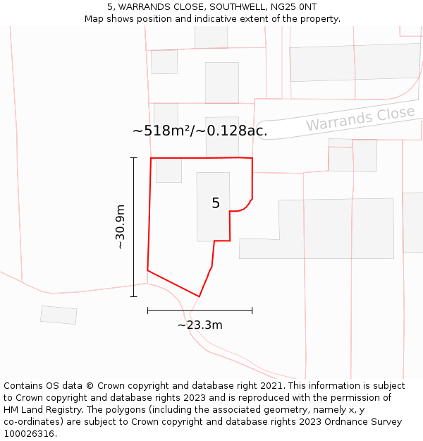 5, WARRANDS CLOSE, SOUTHWELL, NG25 0NT: Plot and title map
