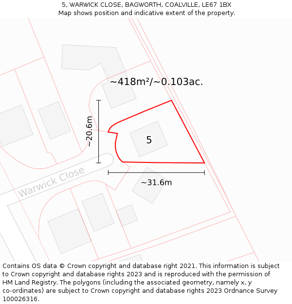 5, WARWICK CLOSE, BAGWORTH, COALVILLE, LE67 1BX: Plot and title map