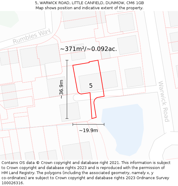 5, WARWICK ROAD, LITTLE CANFIELD, DUNMOW, CM6 1GB: Plot and title map