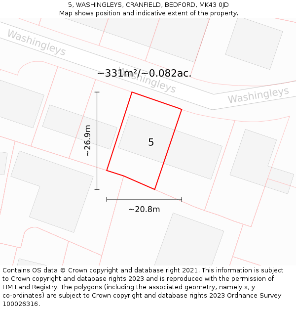 5, WASHINGLEYS, CRANFIELD, BEDFORD, MK43 0JD: Plot and title map