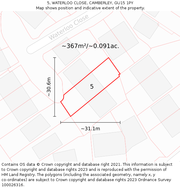 5, WATERLOO CLOSE, CAMBERLEY, GU15 1PY: Plot and title map