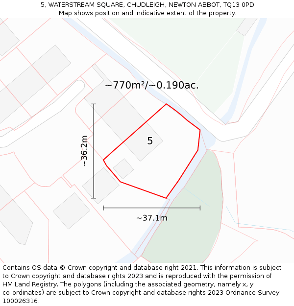 5, WATERSTREAM SQUARE, CHUDLEIGH, NEWTON ABBOT, TQ13 0PD: Plot and title map