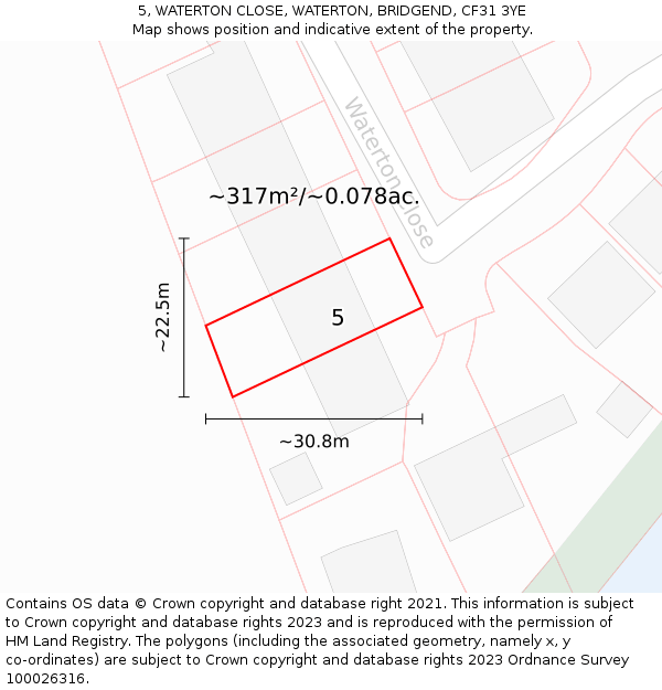 5, WATERTON CLOSE, WATERTON, BRIDGEND, CF31 3YE: Plot and title map