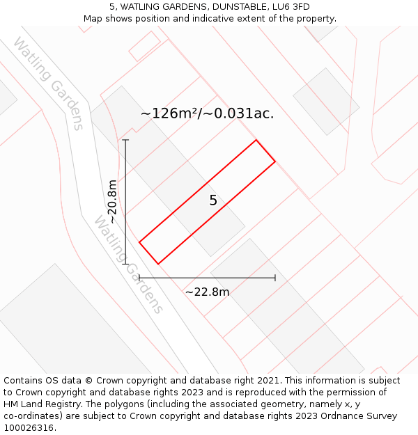 5, WATLING GARDENS, DUNSTABLE, LU6 3FD: Plot and title map