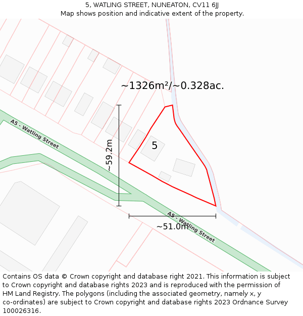 5, WATLING STREET, NUNEATON, CV11 6JJ: Plot and title map