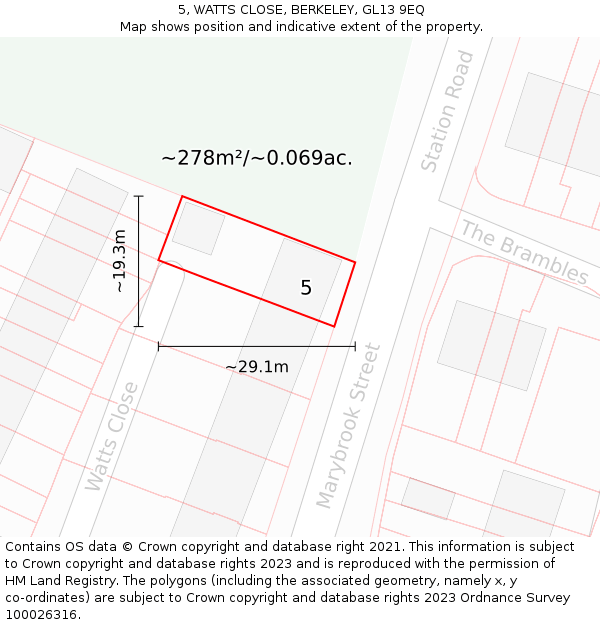 5, WATTS CLOSE, BERKELEY, GL13 9EQ: Plot and title map