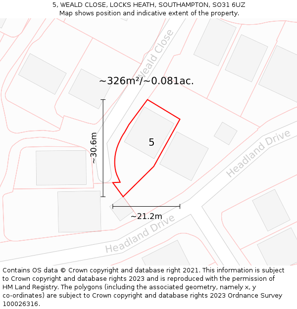5, WEALD CLOSE, LOCKS HEATH, SOUTHAMPTON, SO31 6UZ: Plot and title map