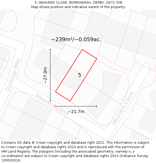 5, WEAVERS CLOSE, BORROWASH, DERBY, DE72 3YB: Plot and title map