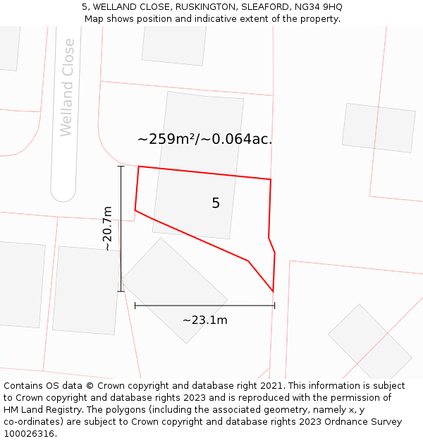 5, WELLAND CLOSE, RUSKINGTON, SLEAFORD, NG34 9HQ: Plot and title map