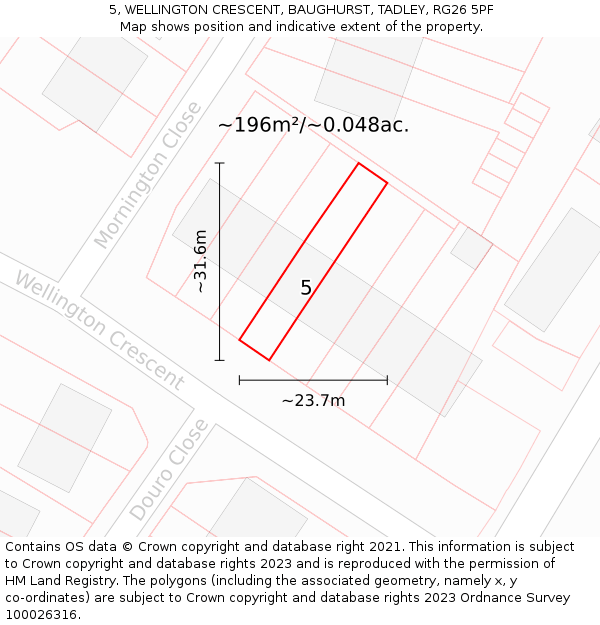 5, WELLINGTON CRESCENT, BAUGHURST, TADLEY, RG26 5PF: Plot and title map