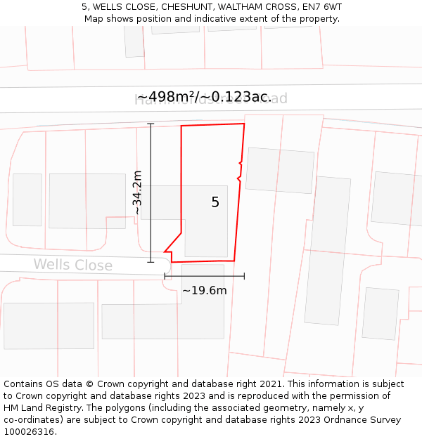 5, WELLS CLOSE, CHESHUNT, WALTHAM CROSS, EN7 6WT: Plot and title map