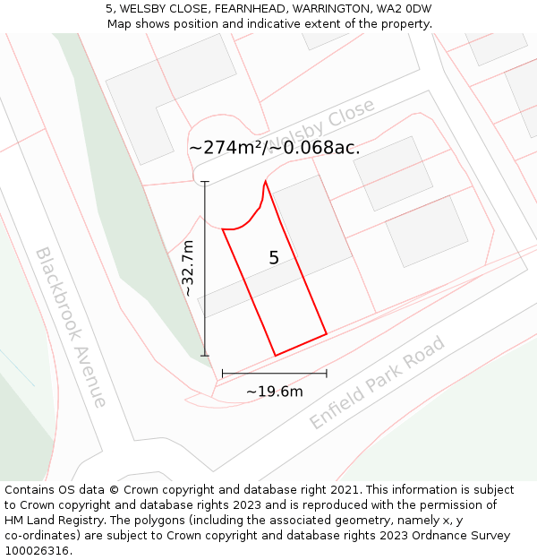 5, WELSBY CLOSE, FEARNHEAD, WARRINGTON, WA2 0DW: Plot and title map