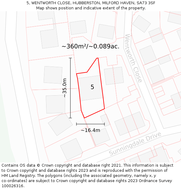 5, WENTWORTH CLOSE, HUBBERSTON, MILFORD HAVEN, SA73 3SF: Plot and title map
