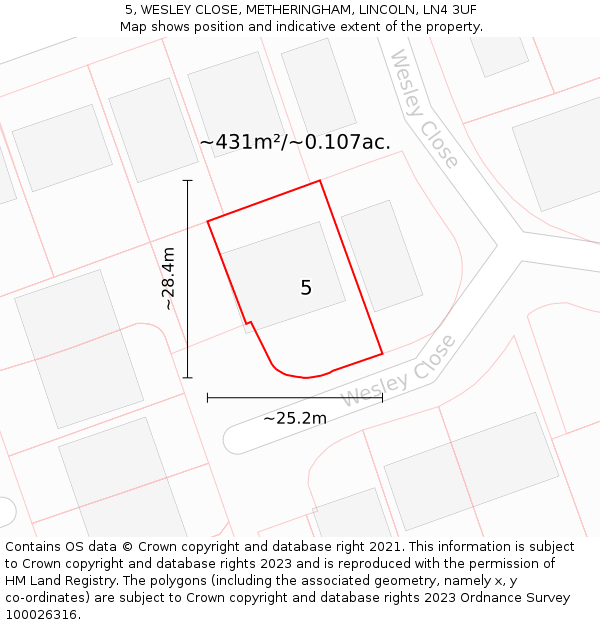 5, WESLEY CLOSE, METHERINGHAM, LINCOLN, LN4 3UF: Plot and title map