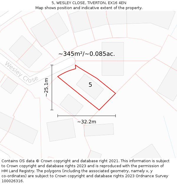 5, WESLEY CLOSE, TIVERTON, EX16 4EN: Plot and title map