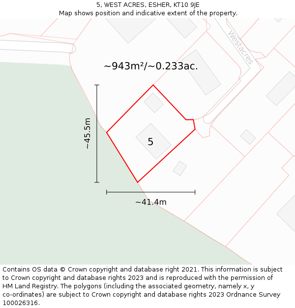 5, WEST ACRES, ESHER, KT10 9JE: Plot and title map