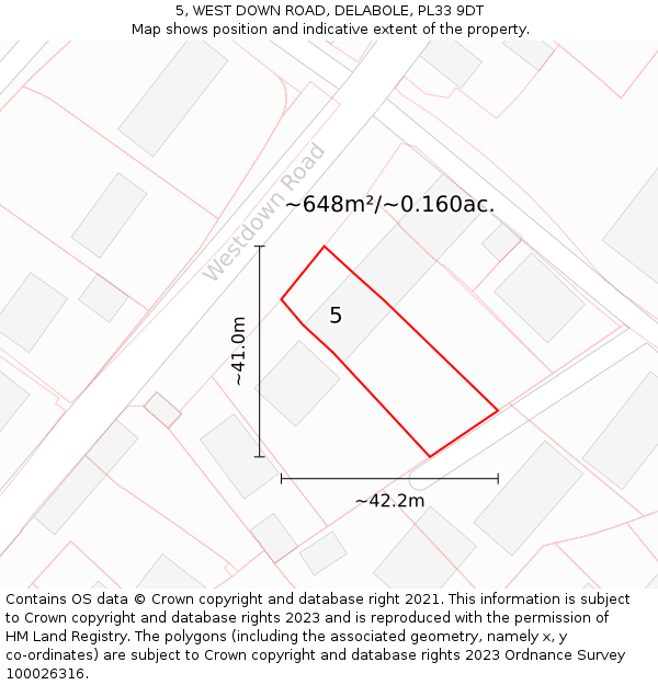 5, WEST DOWN ROAD, DELABOLE, PL33 9DT: Plot and title map
