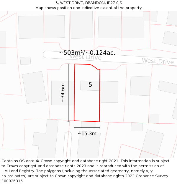 5, WEST DRIVE, BRANDON, IP27 0JS: Plot and title map