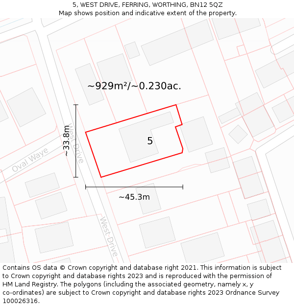 5, WEST DRIVE, FERRING, WORTHING, BN12 5QZ: Plot and title map