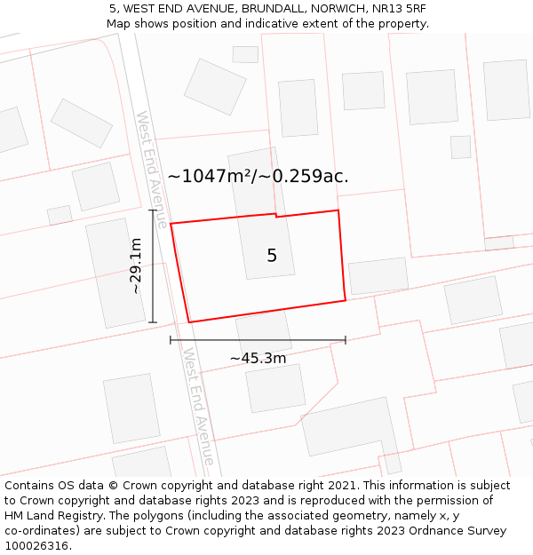 5, WEST END AVENUE, BRUNDALL, NORWICH, NR13 5RF: Plot and title map