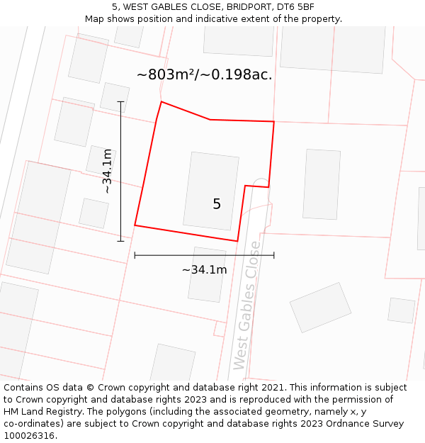 5, WEST GABLES CLOSE, BRIDPORT, DT6 5BF: Plot and title map
