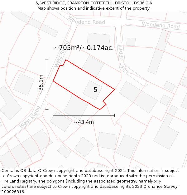 5, WEST RIDGE, FRAMPTON COTTERELL, BRISTOL, BS36 2JA: Plot and title map