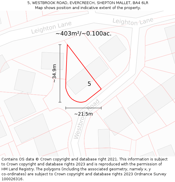 5, WESTBROOK ROAD, EVERCREECH, SHEPTON MALLET, BA4 6LR: Plot and title map