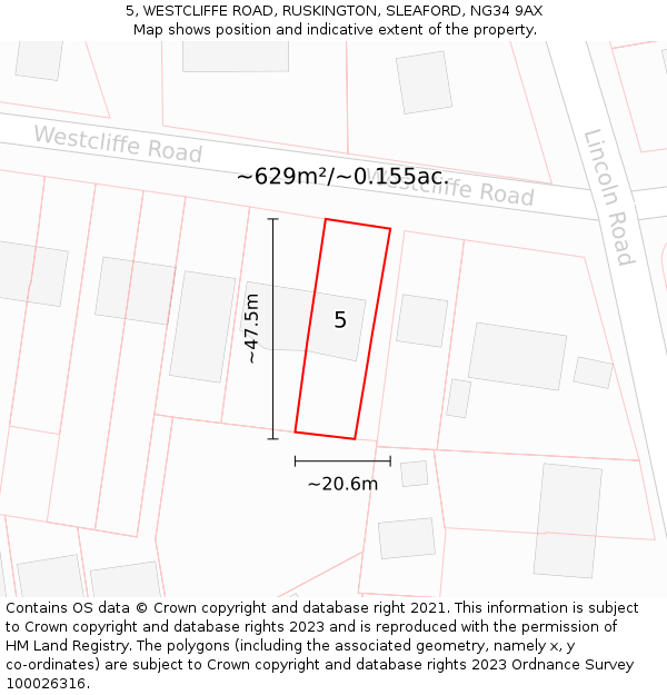 5, WESTCLIFFE ROAD, RUSKINGTON, SLEAFORD, NG34 9AX: Plot and title map