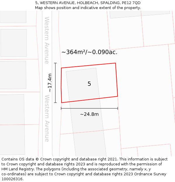 5, WESTERN AVENUE, HOLBEACH, SPALDING, PE12 7QD: Plot and title map