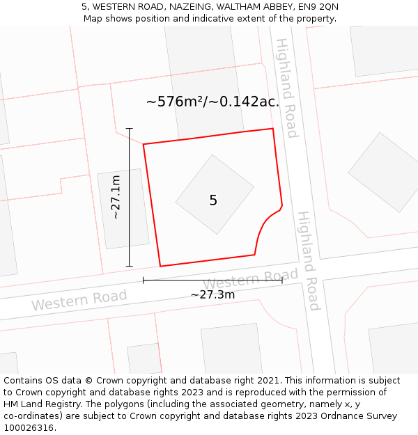 5, WESTERN ROAD, NAZEING, WALTHAM ABBEY, EN9 2QN: Plot and title map