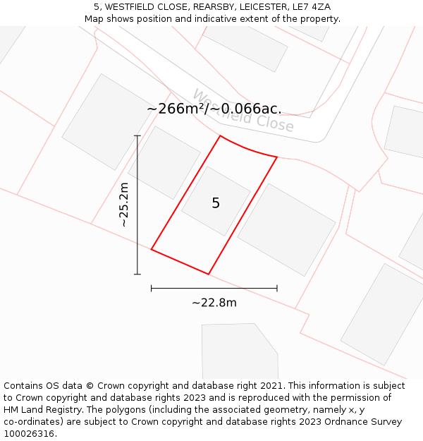 5, WESTFIELD CLOSE, REARSBY, LEICESTER, LE7 4ZA: Plot and title map