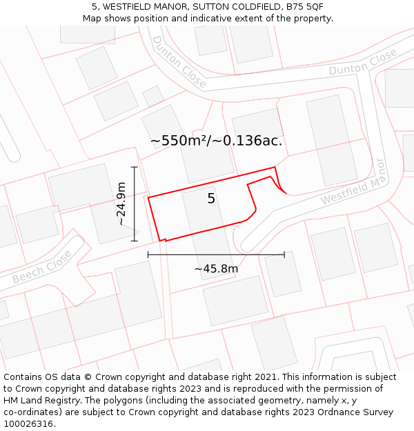5, WESTFIELD MANOR, SUTTON COLDFIELD, B75 5QF: Plot and title map