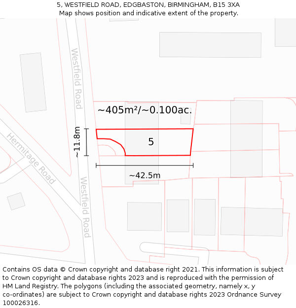 5, WESTFIELD ROAD, EDGBASTON, BIRMINGHAM, B15 3XA: Plot and title map