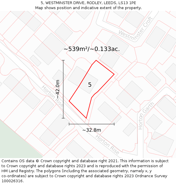 5, WESTMINSTER DRIVE, RODLEY, LEEDS, LS13 1PE: Plot and title map