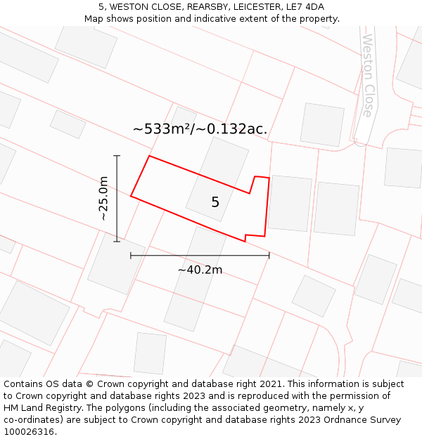 5, WESTON CLOSE, REARSBY, LEICESTER, LE7 4DA: Plot and title map