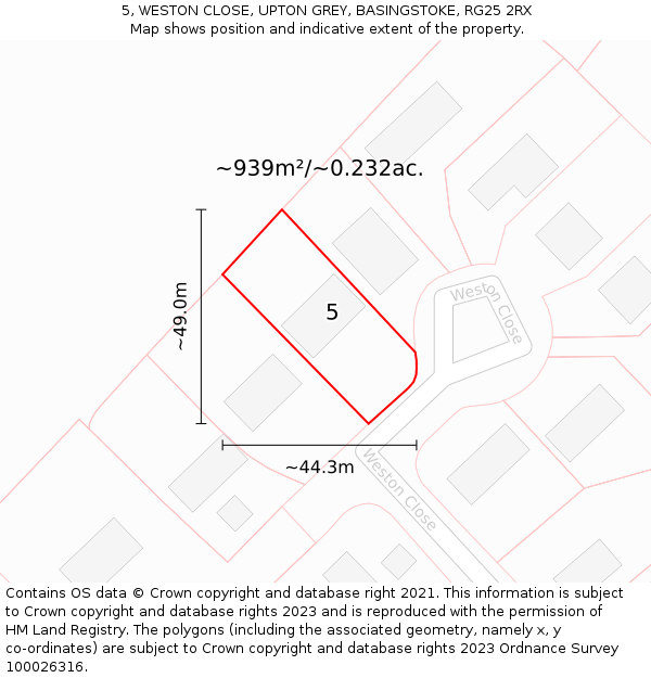 5, WESTON CLOSE, UPTON GREY, BASINGSTOKE, RG25 2RX: Plot and title map